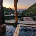 東山温泉の千代滝の展望露天風呂からの夕景