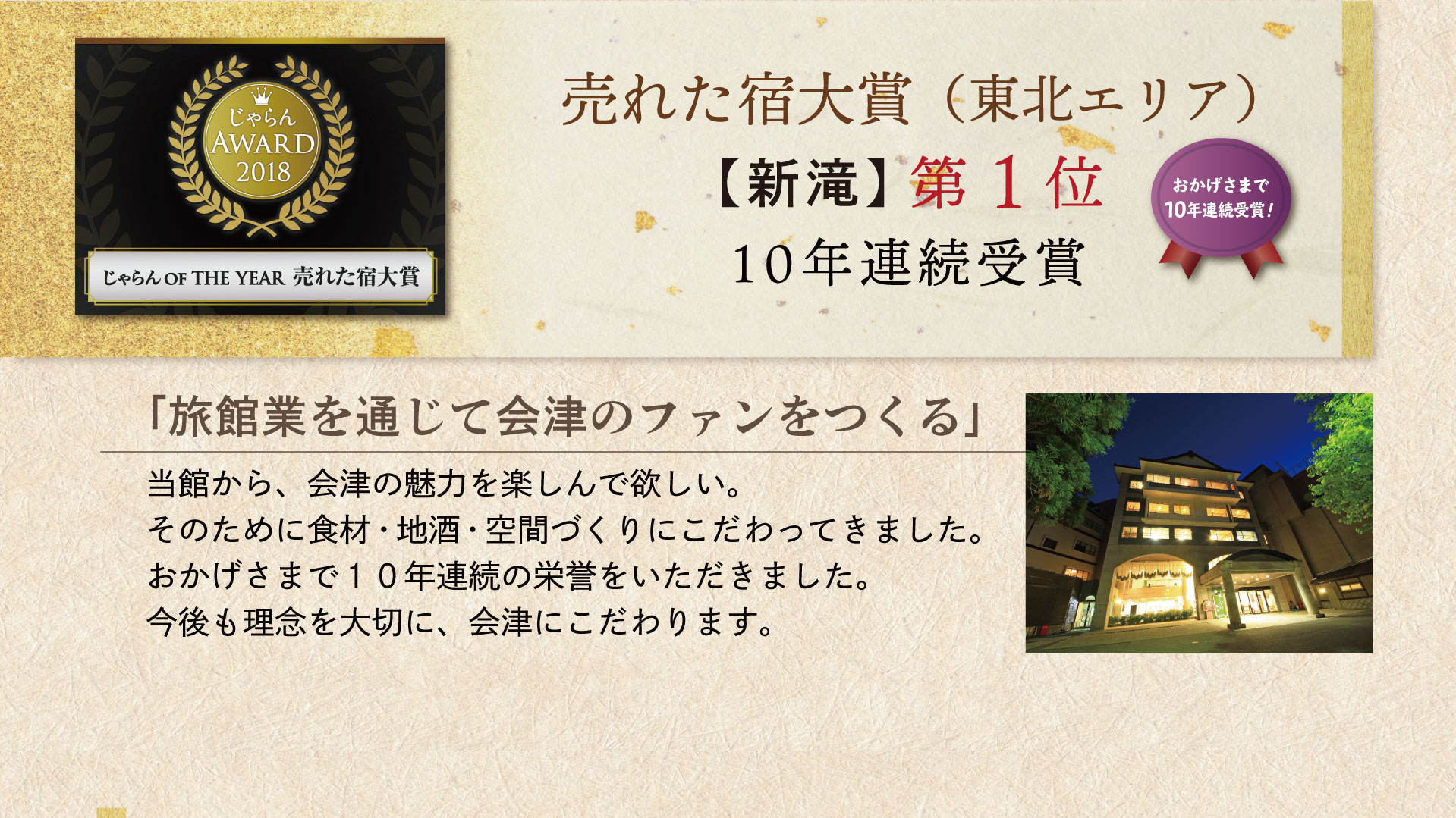 売れた宿大賞（東北エリア）【新滝】第１位 おかげさまで１０年連続受賞！