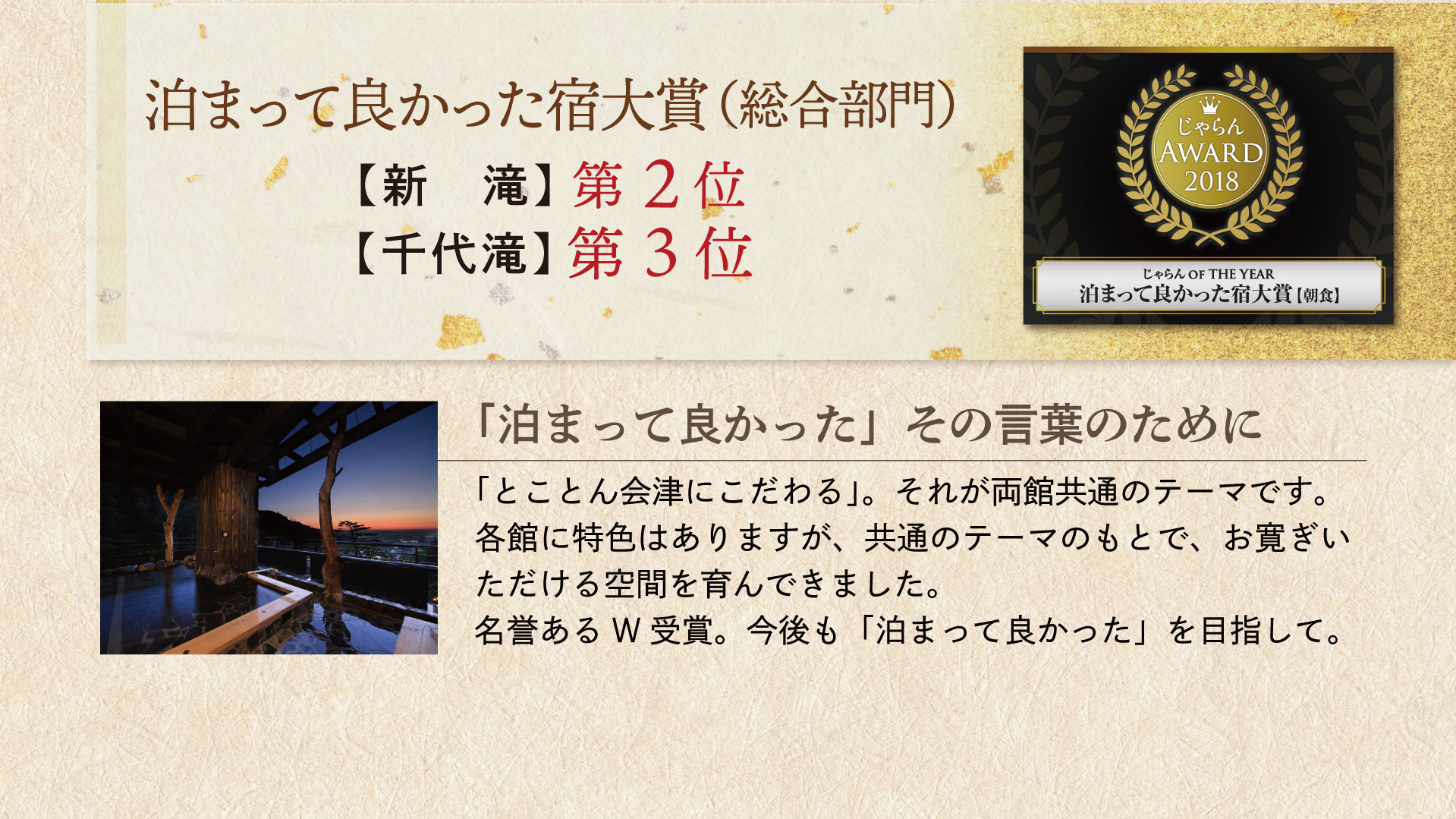 泊まって良かった宿大賞（総合部門）【新滝】第２位 【千代滝】第３位！